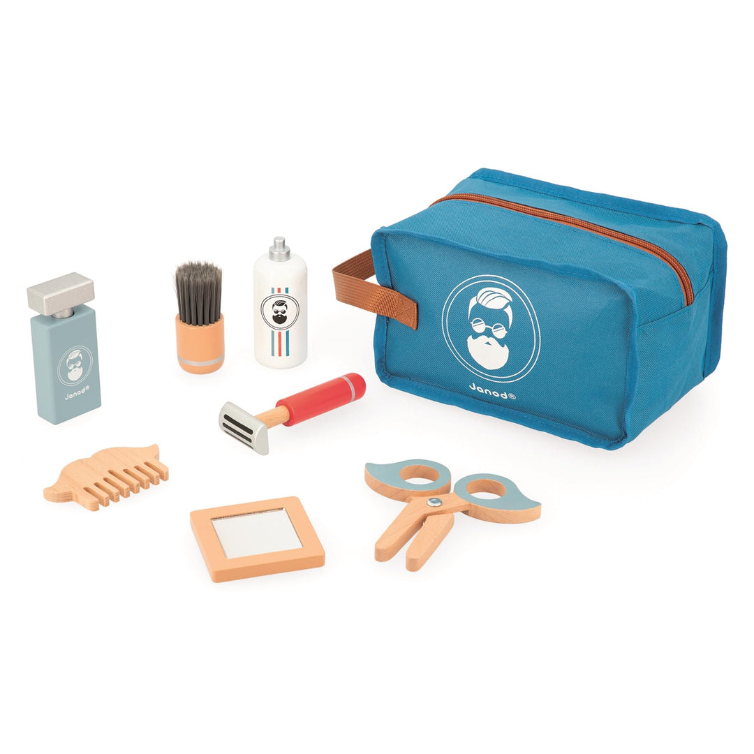 JANOD - Barbierkoffer für Kinder - 7 Holz-Accessoires + Etui - Rollenspielzeug - Entwickelt die Fant