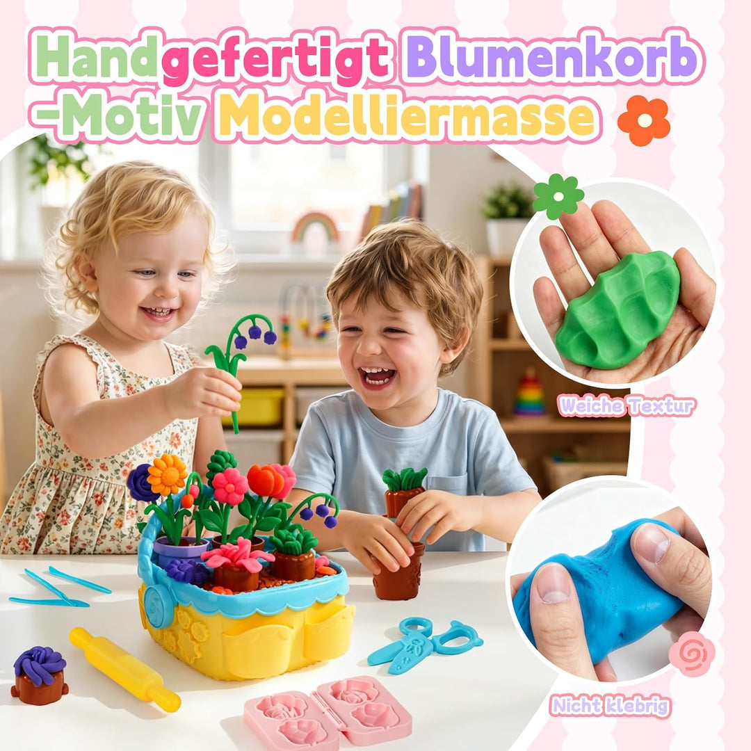 VBACALA Bunter Blumenspass Knete Set,43PCS Kreatives Bastelset mit 6 Farben Knetmasse, 10 Blumenform