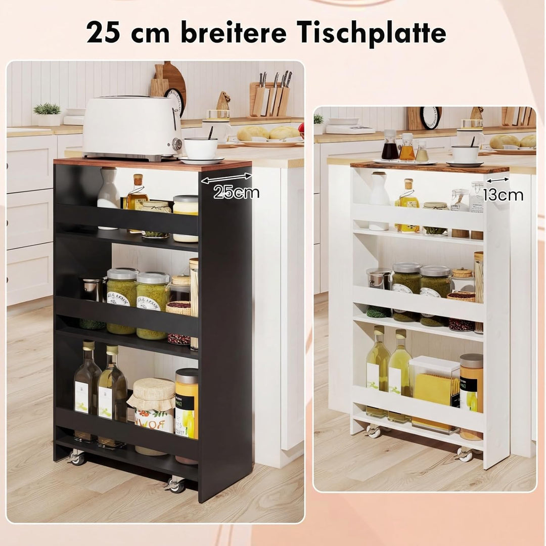 COSTWAY Nischenwagen 25cm breit, 4 Etagen Küchenwagen schmal, Nischenregal auf Rollen, Servierwagen