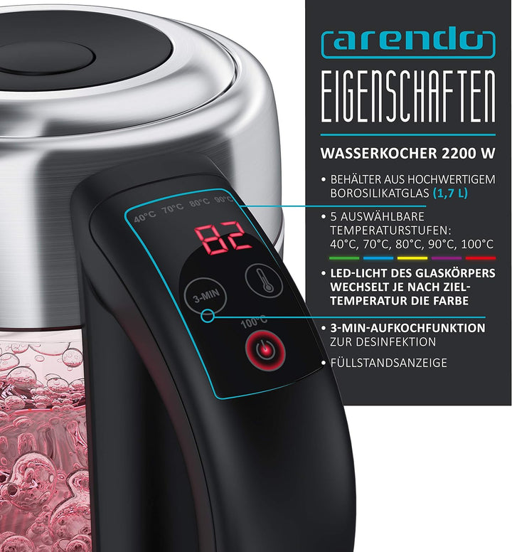 Arendo - Wasserkocher Edelstahl Glas mit Temperatureinstellung – 1,7l - einstellbare Temperaturen 40