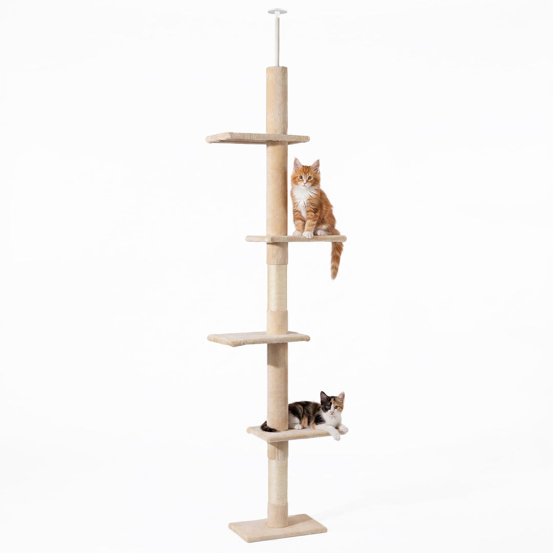 Fudajo Kratzbaum deckenhoch 230–276 cm in Beige, Katzenkratzbaum mit 4 Ebenen, Katzenbaum Deckenspan