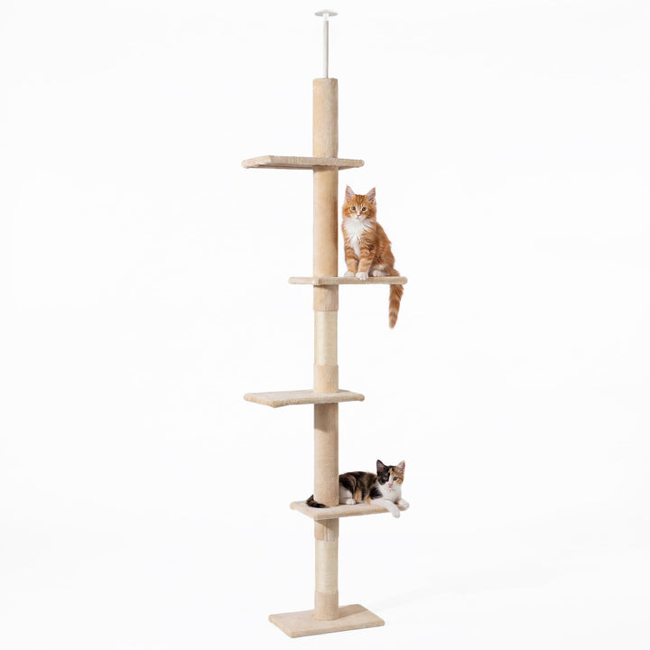Fudajo Kratzbaum deckenhoch 230–276 cm in Beige, Katzenkratzbaum mit 4 Ebenen, Katzenbaum Deckenspan