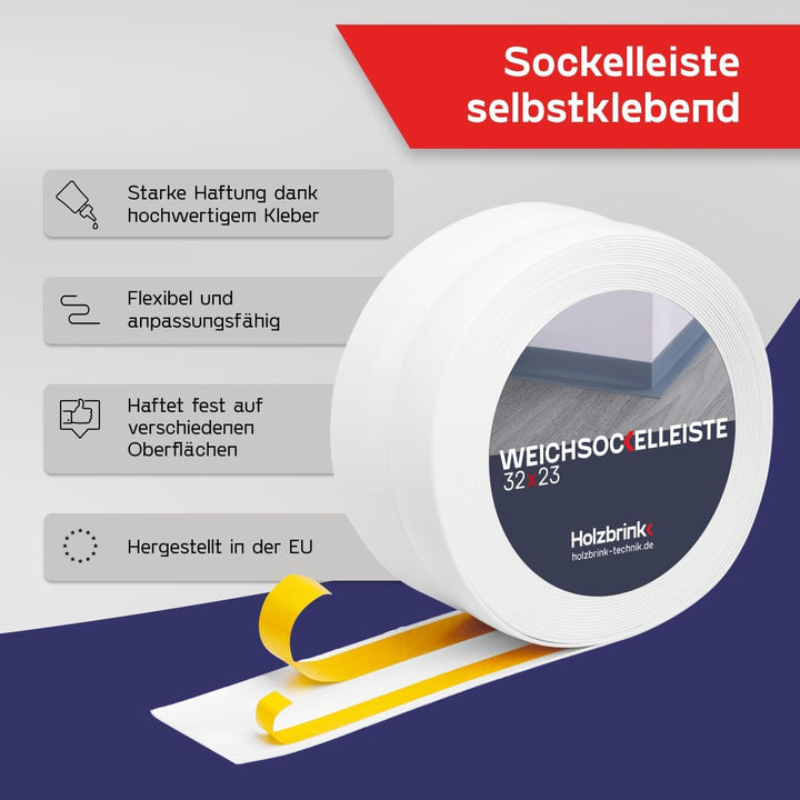 HOLZBRINK Weichsockelleiste selbstklebend WEISS Knickleiste, 32x23mm, 15 Meter 15m Weiss, 15m Weiss