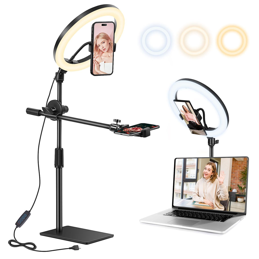 10 Zoll LED Ringlicht mit Stativ Handy, Overhead Stativ Handy mit Ringlicht, Dimmbare LED Tischringl