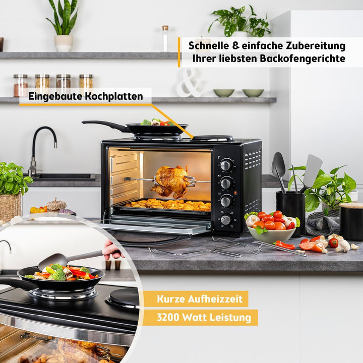TZS First Austria Minibackofen 30 Liter 3200 Watt Mini-Backofen mit Kochplatten, Krümelblech, Drehsp