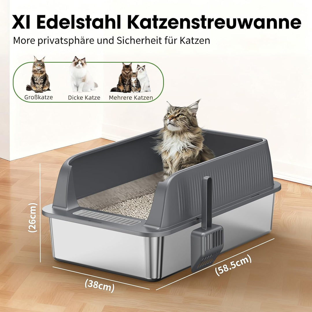 Edelstahl Offene Katzentoilette – extra grosse Katzentoilette mit hohen Seitenwänden für grosse Katz