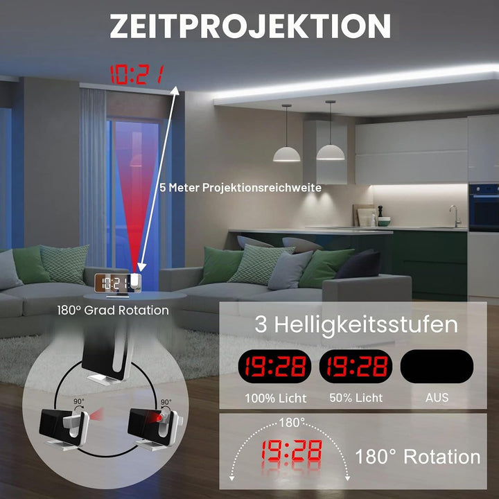 Exmate Projektionswecker, Digital Wecker mit Projektion, USB-Ladeanschluss, 7.5'' grosses Spiegel-LE