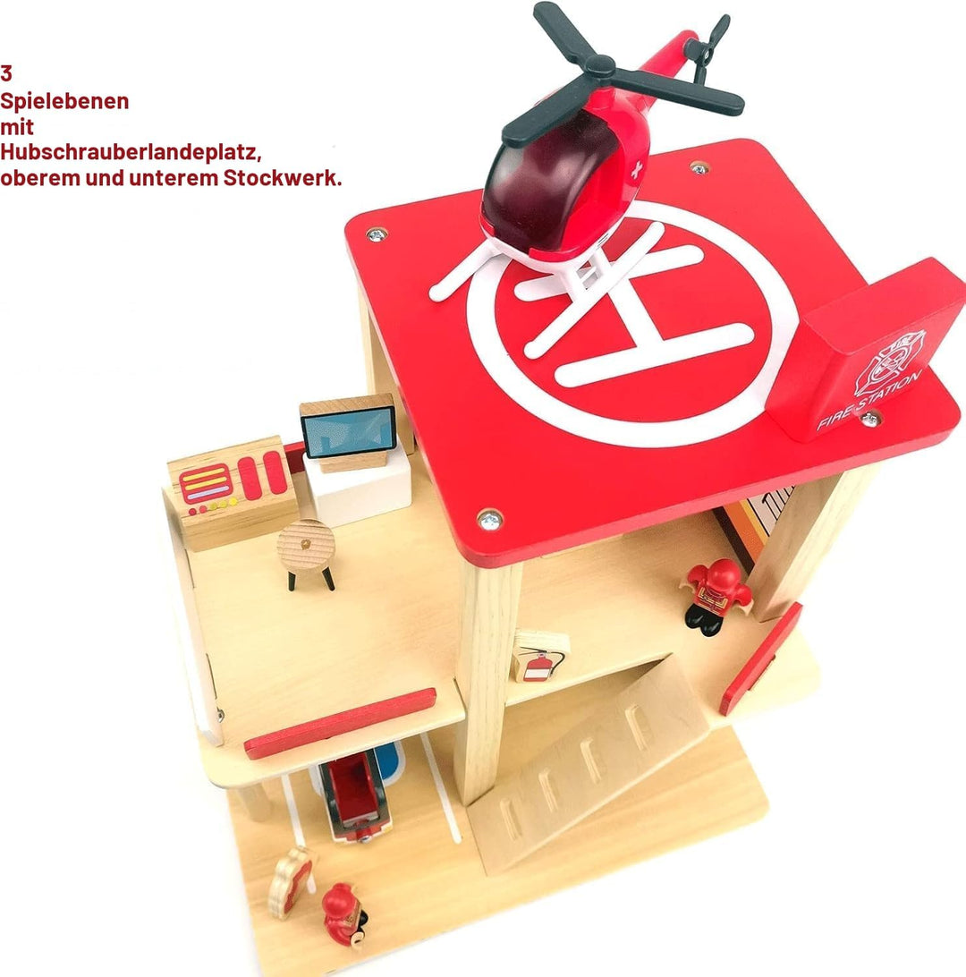 Holz-Feuerwehr-Spielset, Puppenhaus mit Feuerwehrauto, Hubschrauber, Feuerwehrleuten und Zubehör, Vo