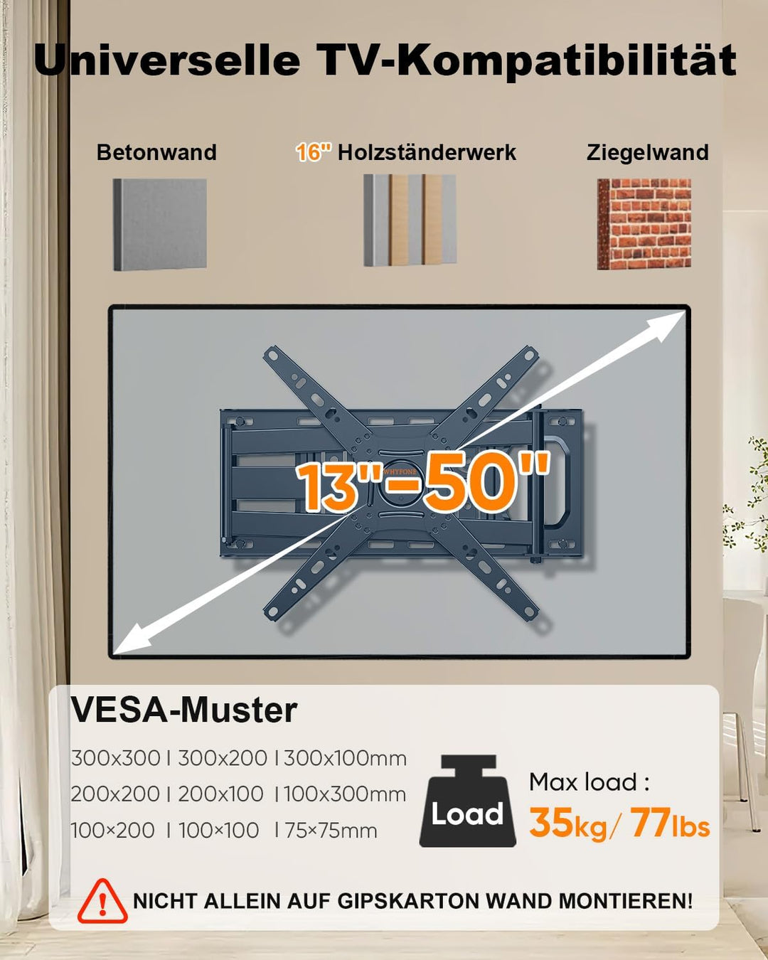 TV Wandhalterung mit 655mm Langem Arm für 13-50 Zoll Fernseher oder Monitor, 180° Drehung Fernsehhal