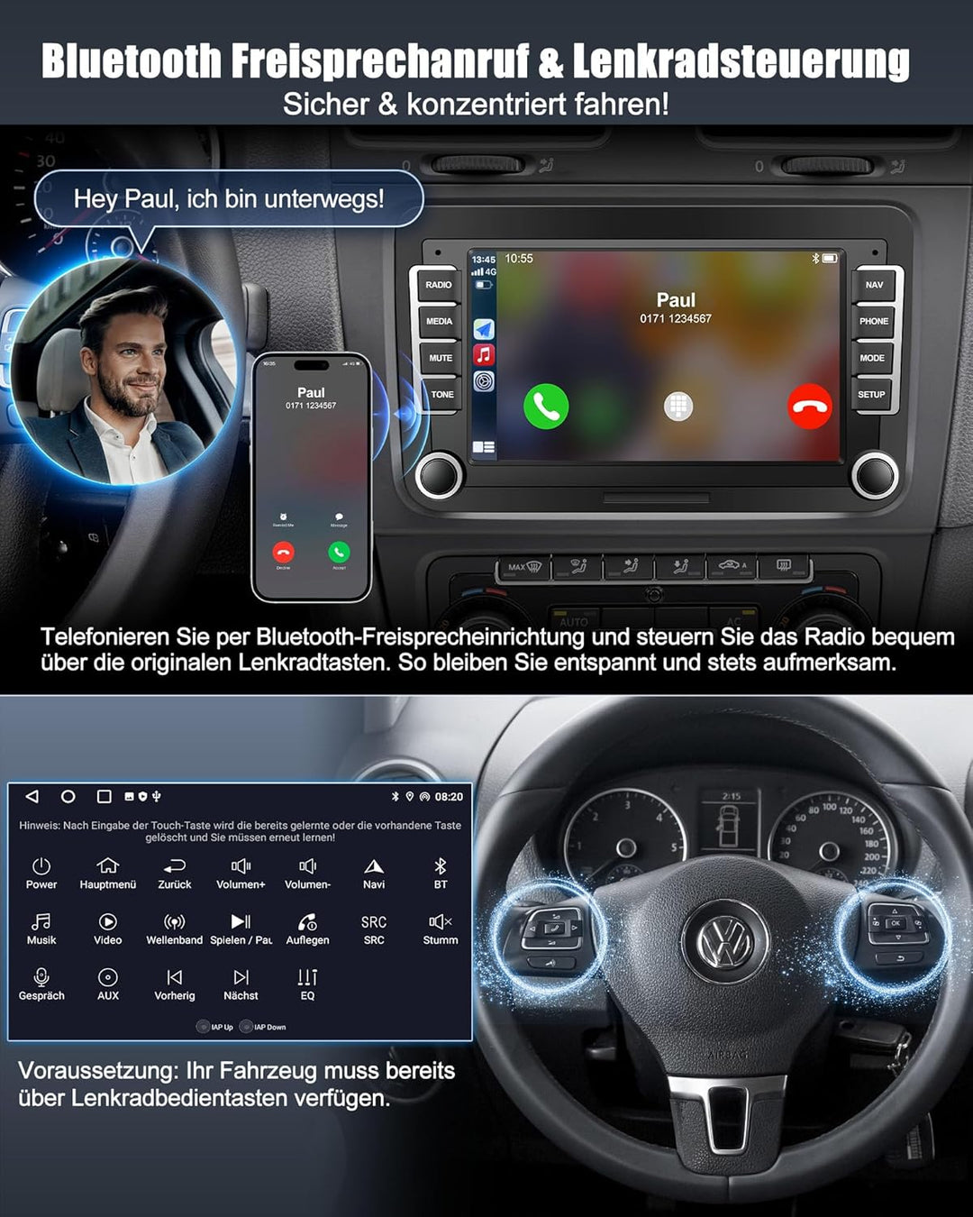 Bluetooth Autoradio mit Bildschirm für Golf 5 6 VW Polo T5 Passat Touran Seat mit Navi WLAN FM/AM, A