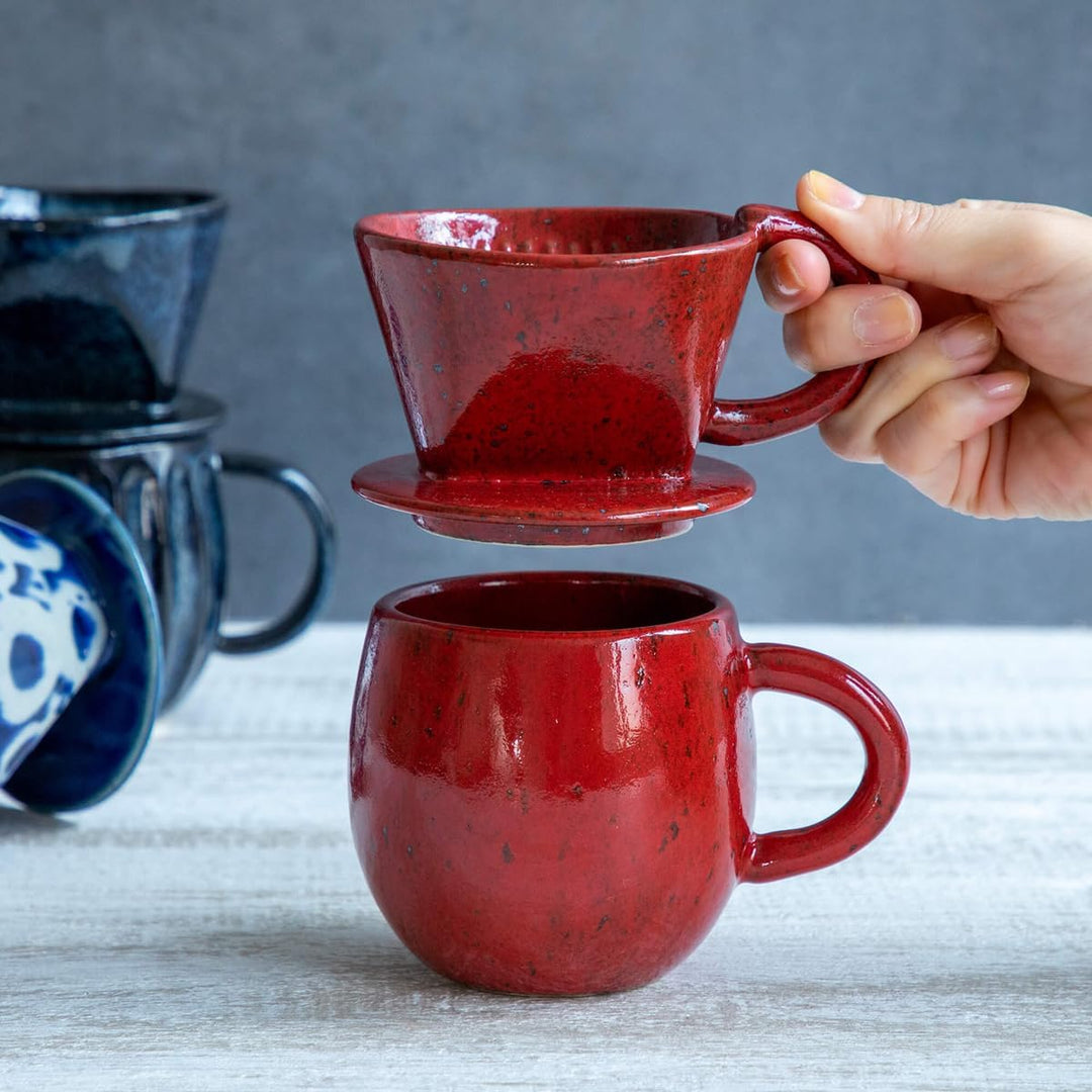 Asayu Japan Keramik Kaffeeaufguss-Set in Chrom Rot mit Papierfilterhalterung und Dripper mit 3 Löche