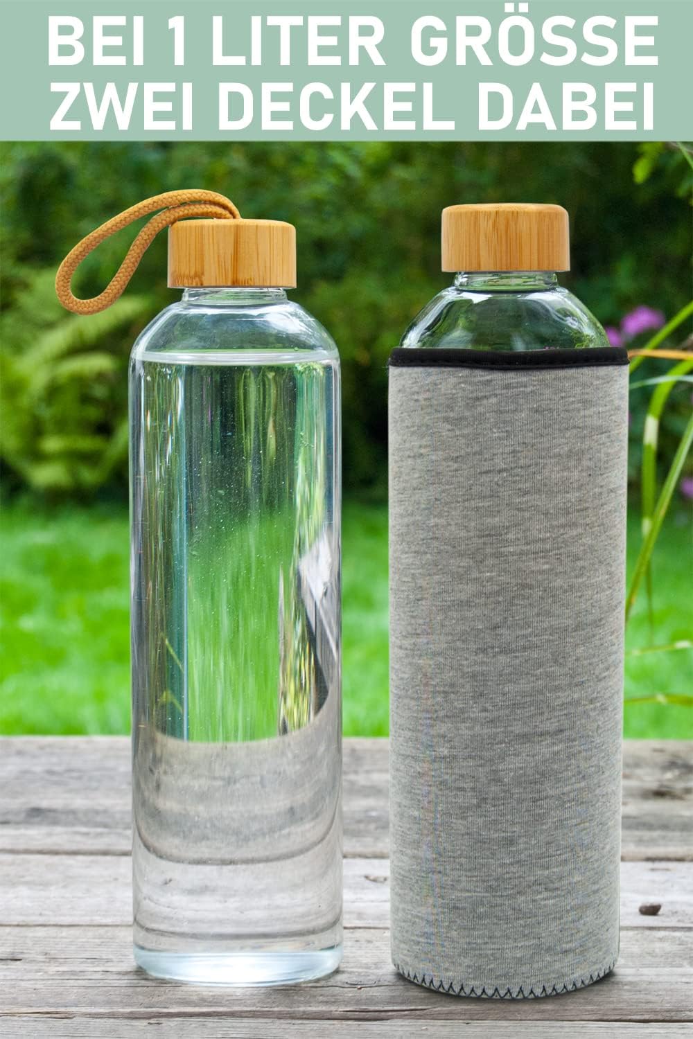 T&N Glasflasche 1 Liter / 750ml / 500ml – Trinkflasche Glas 1l mit Neoprenhülle – Wasserflasche Ausl