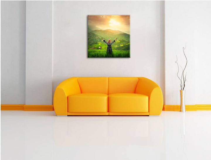 Pixxprint asiatische Berg Farm als Leinwandbild | Grösse: 70x70 cm | Wandbild | Kunstdruck | fertig