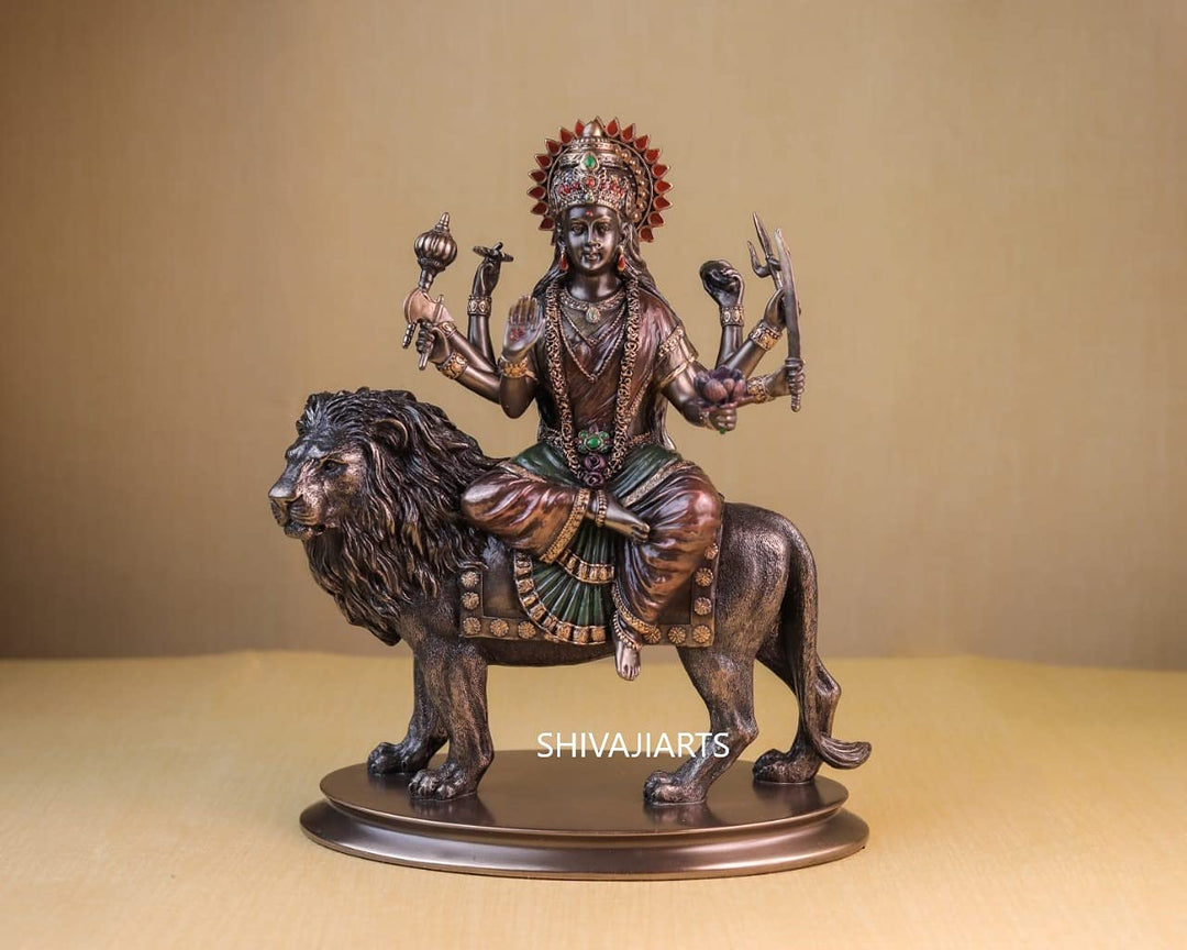SHIVAJI ARTS Durga Statue sitzend auf Löwe, Bronze, 25,4 cm, Braun, 1 Stück