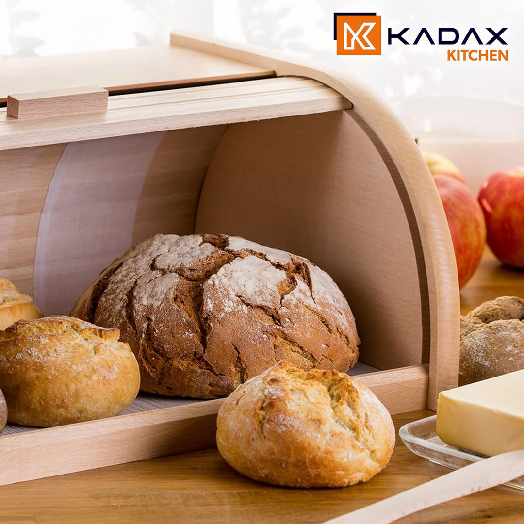 KADAX geräumiger Brotkasten aus hochqualitativem Holz, Brotbehälter mit Rolldeckel für längere frisc