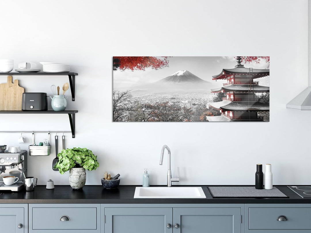 Glasbild Panorama | Wandbild aus Echtglas | Japanischer Tempel im Herbst | 120x50 cm | inkl. Aufhäng