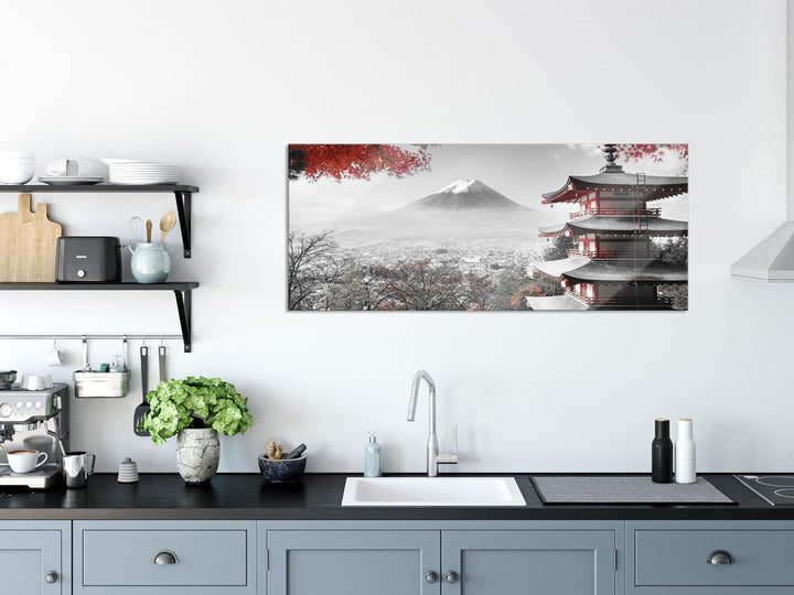 Glasbild Panorama | Wandbild aus Echtglas | Japanischer Tempel im Herbst | 120x50 cm | inkl. Aufhäng