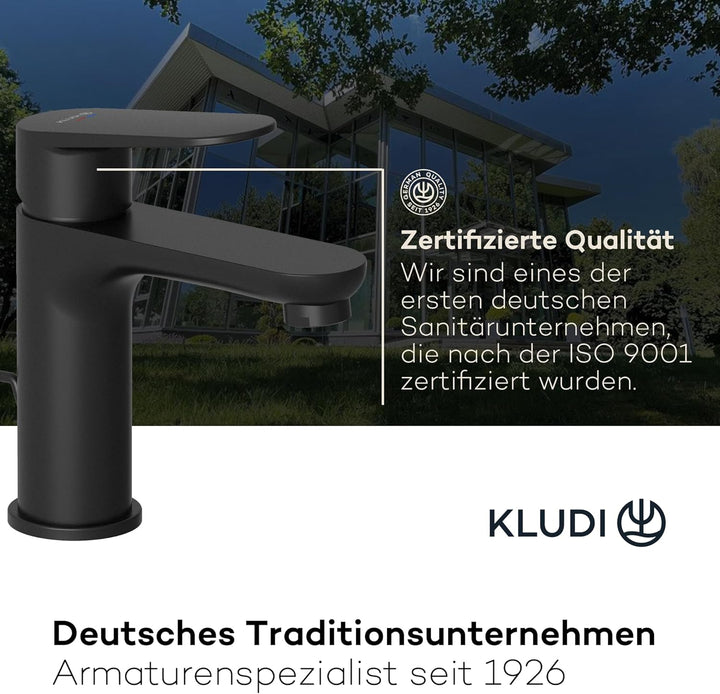 KLUDI-X1 Niederdruck Waschtischarmatur, Auslaufhöhe 95 mm, wassersparender Wasserhahn Bad Schwarz Ma