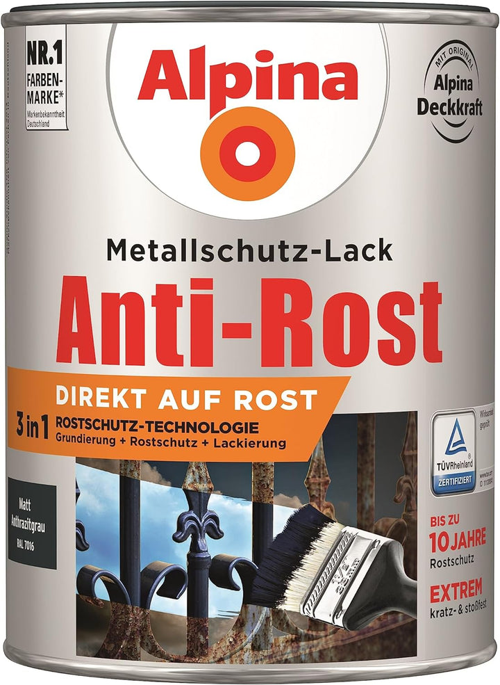 Alpina Metallschutzlack Anti-Rost Anthrazitgrau 2,5 Liter matt 2.5 l (1er Pack) Anthrazitgrau matt,