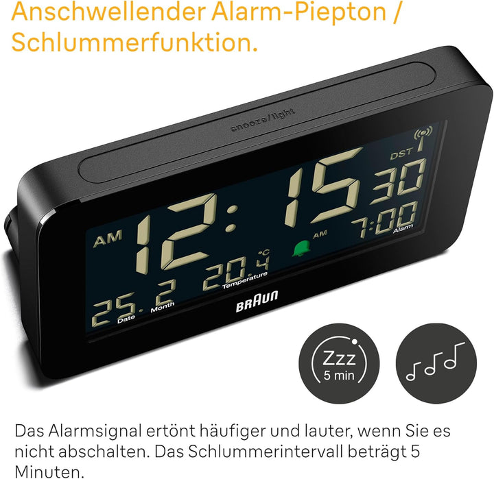 Braun Funk-Digitalwecker für die Mitteleuropäische Zeitzone (DCF) mit Datums-, Monats- und Temperatu