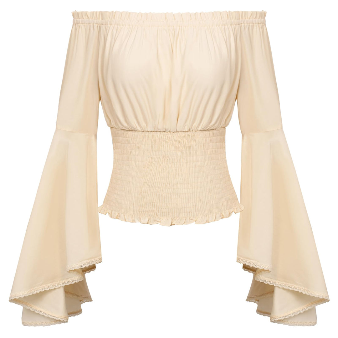 SCARLET DARKNESS Damen Renaissance Trachtenbluse Schulterfrei Gesmokte Mittelalter Shirt XXL Aprikos