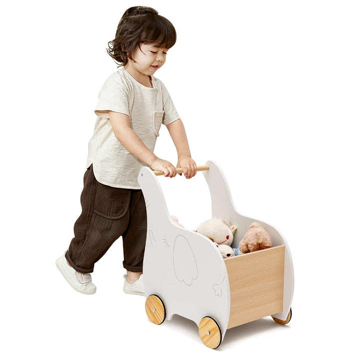 GOPLUS Kinder Lauflernwagen mit Spielzeugkiste, Baby Elefant Lauflernhilfe aus Holz mit rutschfesten
