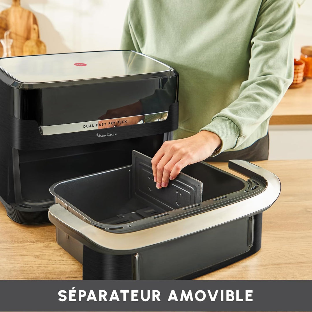 Moulinex Dual Easy Fry Flex, Luftfritteuse mit FlexCook Trennwand, 9 l Fassungsvermögen für bis zu 8