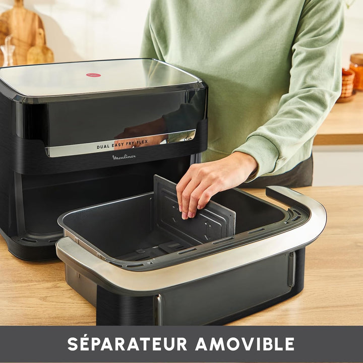 Moulinex Dual Easy Fry Flex, Luftfritteuse mit FlexCook Trennwand, 9 l Fassungsvermögen für bis zu 8