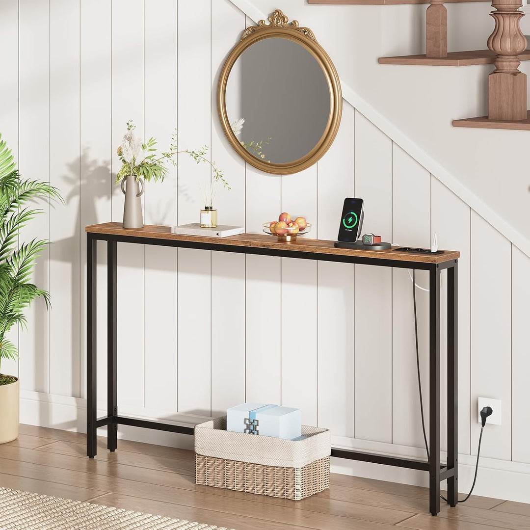 HOOBRO Schmaler Konsolentisch, 140 cm Langer Beistelltisch, Sofatisch mit Ladestation, Eingangstisch