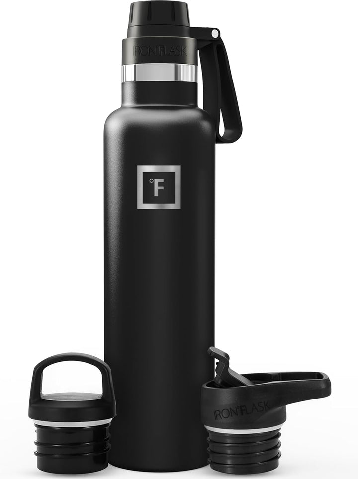 IRON °FLASK Sportwasserflasche mit schmalem Mund - 24 Unzen, 3 Deckel (Auslaufdeckel), vakuumisolier
