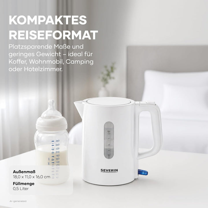 SEVERIN Reise-Wasserkocher-Set, Reisewasserkocher für 0,5 l mit umschaltbarer Spannung (115/230 V),