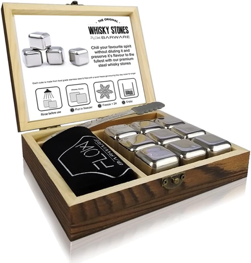FLOW Barware Whisky-Steine, Geschenk-Set mit Eiszange und Aufbewahrungstasche, Wiederverwendbare Eis