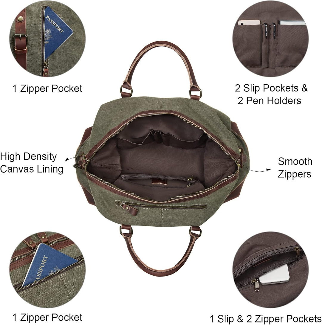 S-ZONE Reisetasche, 60 l, gross, Leinen, echtes Leder, mit Zierbesatz, für Wochenend- und Übernachtu