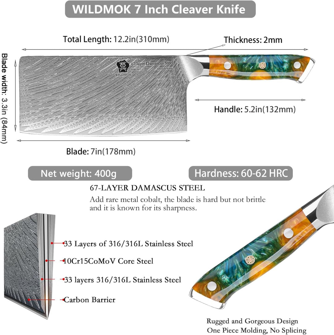 WILDMOK Gemüsebeil Messer 17.8 cm japanische VG10 Stahlkern-geschmiedete Damastklinge, Edelstahlgrif