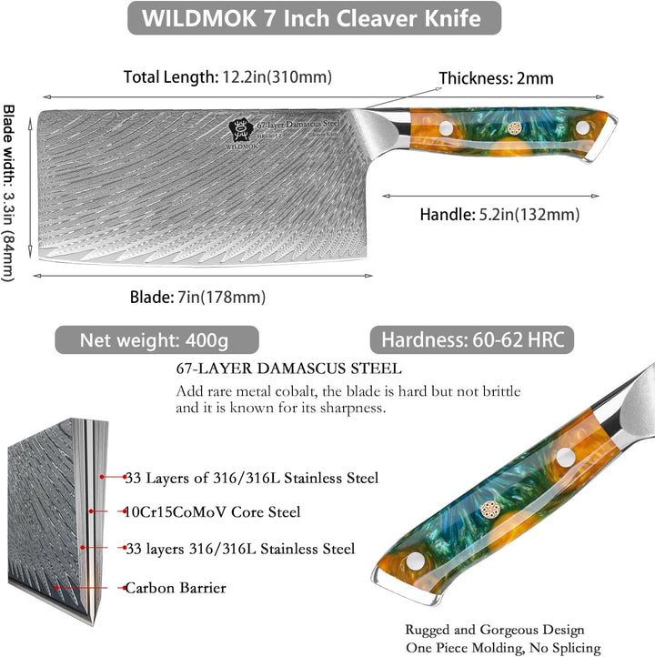 WILDMOK Gemüsebeil Messer 17.8 cm japanische VG10 Stahlkern-geschmiedete Damastklinge, Edelstahlgrif