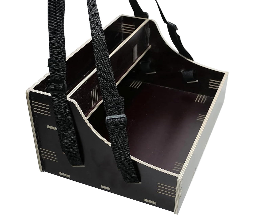 Holz Bauchladen schwarz/braun mit Oberlade 2 Gurte JGA Fete Catering 42 cm x 30 cm mit schwarzem Tra