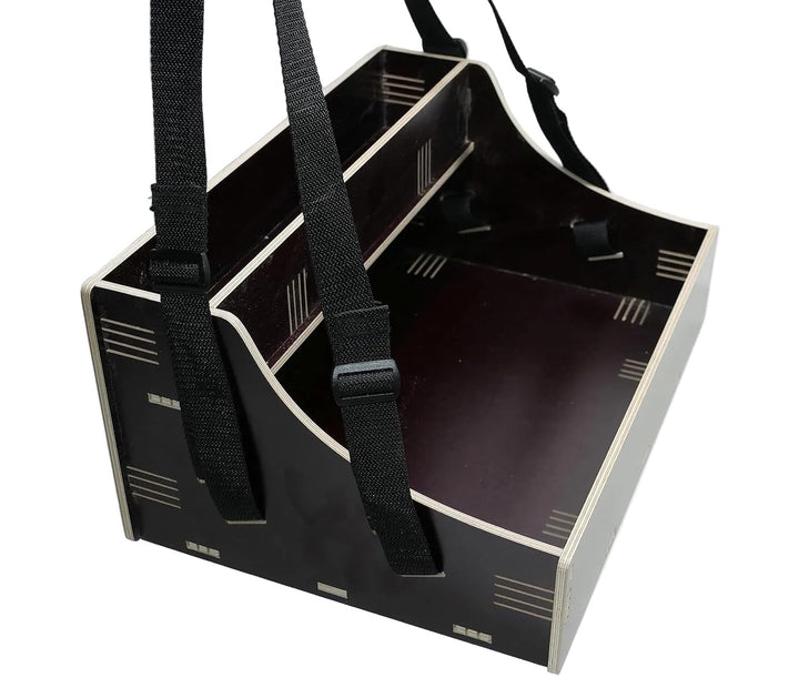 Holz Bauchladen schwarz/braun mit Oberlade 2 Gurte JGA Fete Catering 42 cm x 30 cm mit schwarzem Tra