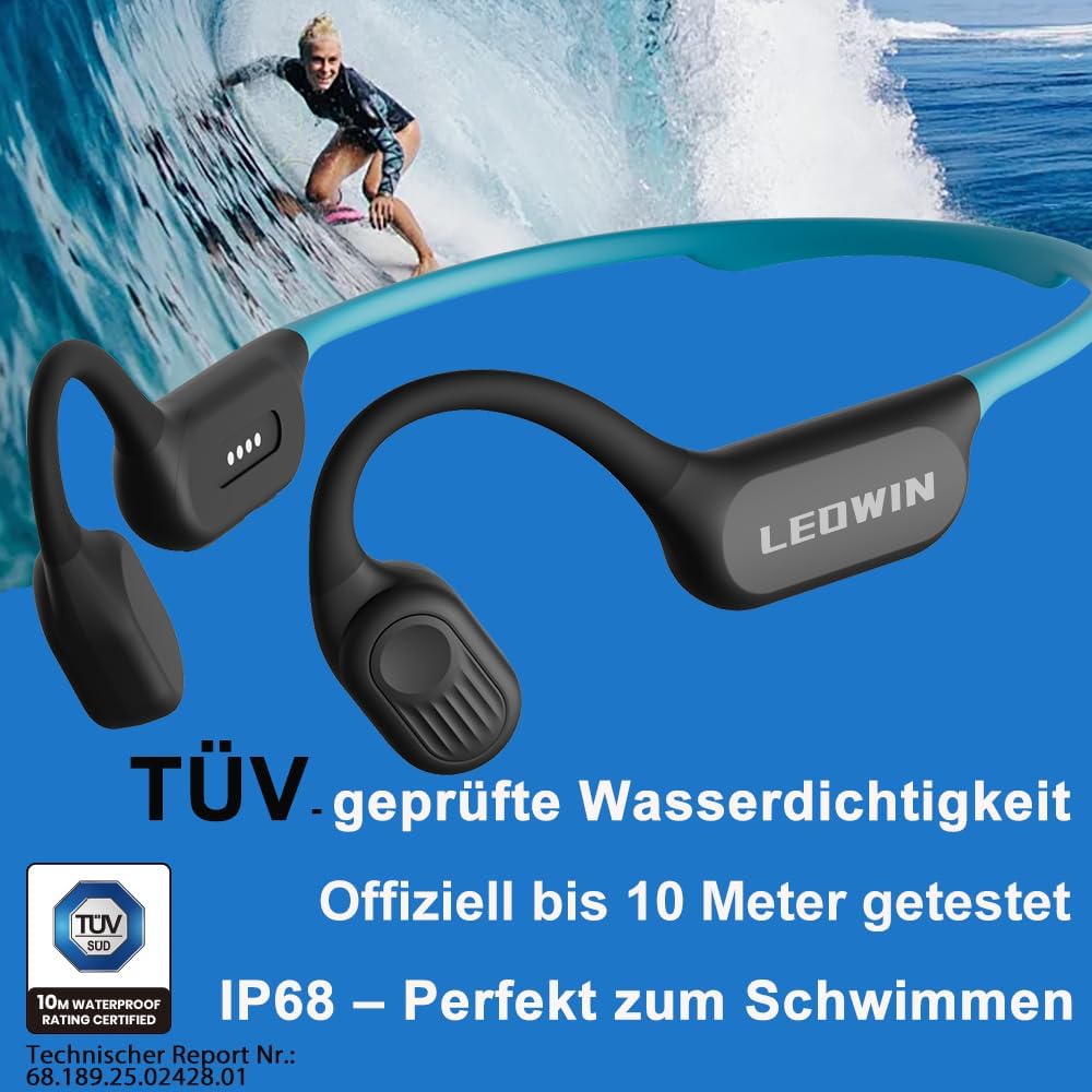 Leowin Knochenschall Kopfhörer Schwimmen, IP68 10 m wasserdicht, TÜV geprüft, 32 GB MP3, Bluetooth 6