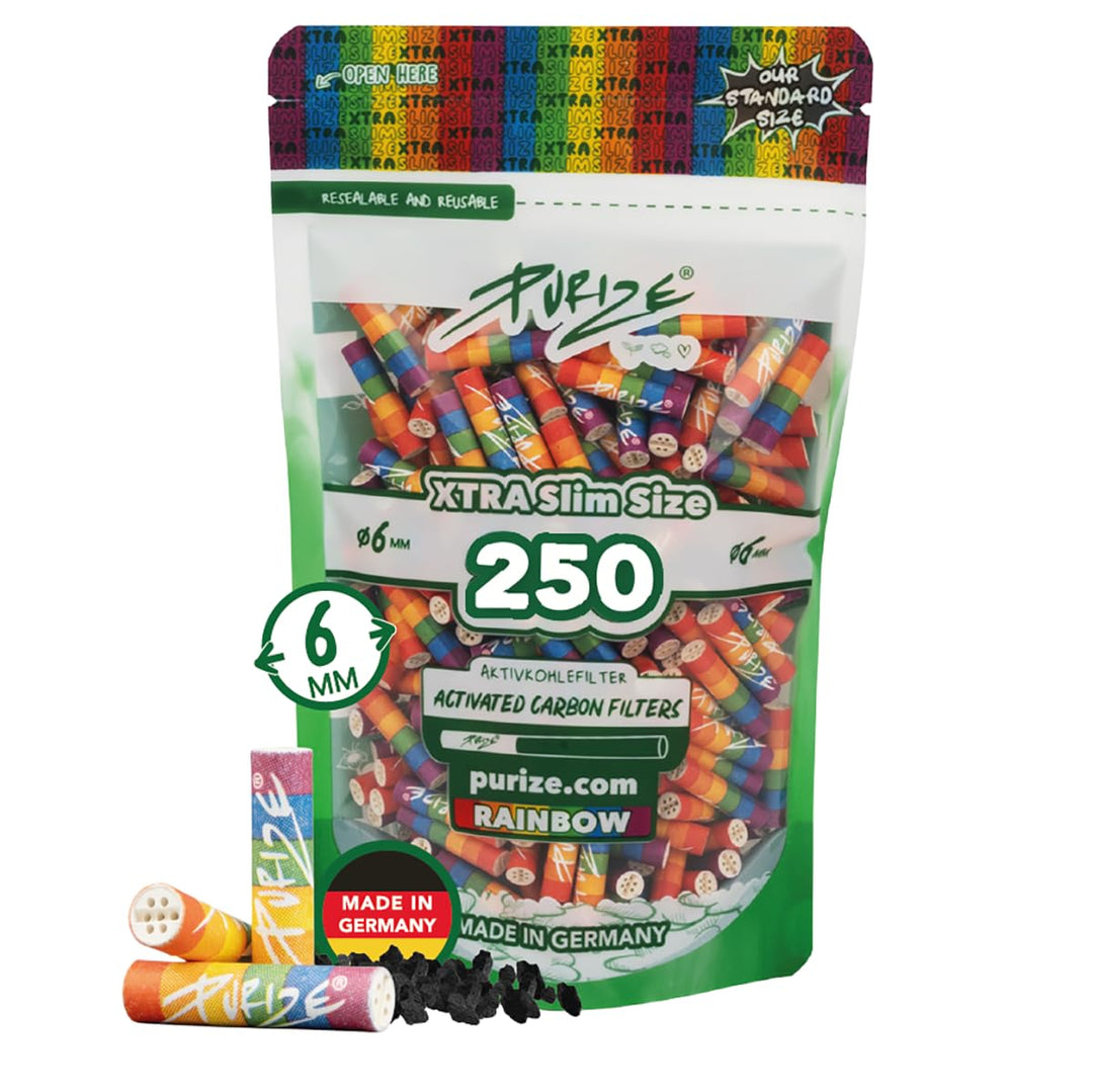 PURIZE Aktivkohlefilter Xtra Slim Size Set - 250 Filter + Papers + 4m Paper Roll - Ø 5,9mm premium F