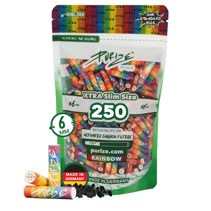 PURIZE Aktivkohlefilter Xtra Slim Size Set - 250 Filter + Papers + 4m Paper Roll - Ø 5,9mm premium F