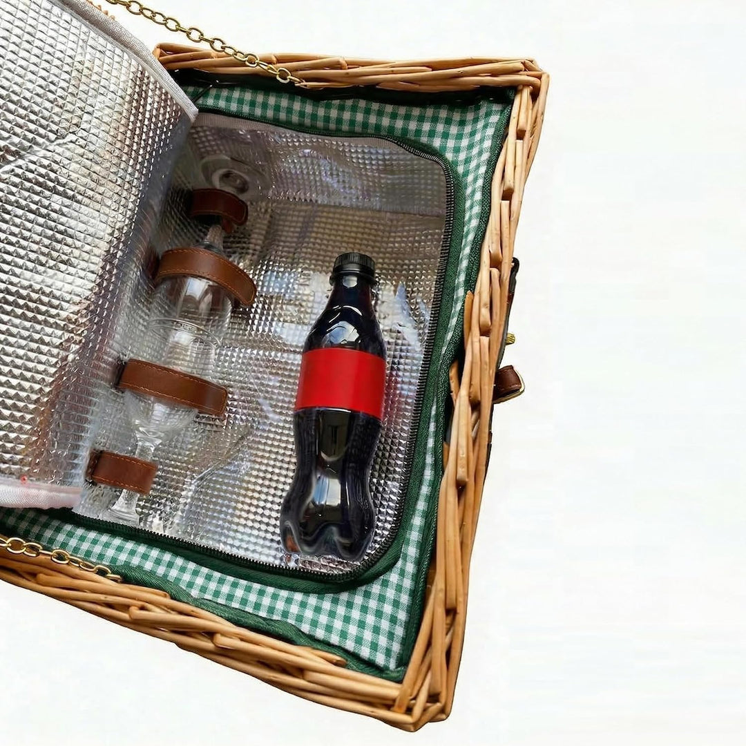 eGenuss Handgefertigtes Picknickkorb für 2 Personen mit Kühlfach, Multifunktionsmesser, Edelstahlbes