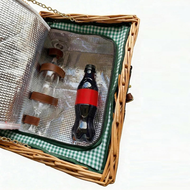 eGenuss Handgefertigtes Picknickkorb für 2 Personen mit Kühlfach, Multifunktionsmesser, Edelstahlbes