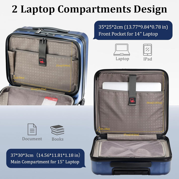 Kaleenie 16" Handgepäck-Aktenkoffer mit 2 Laptopfächern, Leichter Hartschalenkoffer mit leisen Spinn