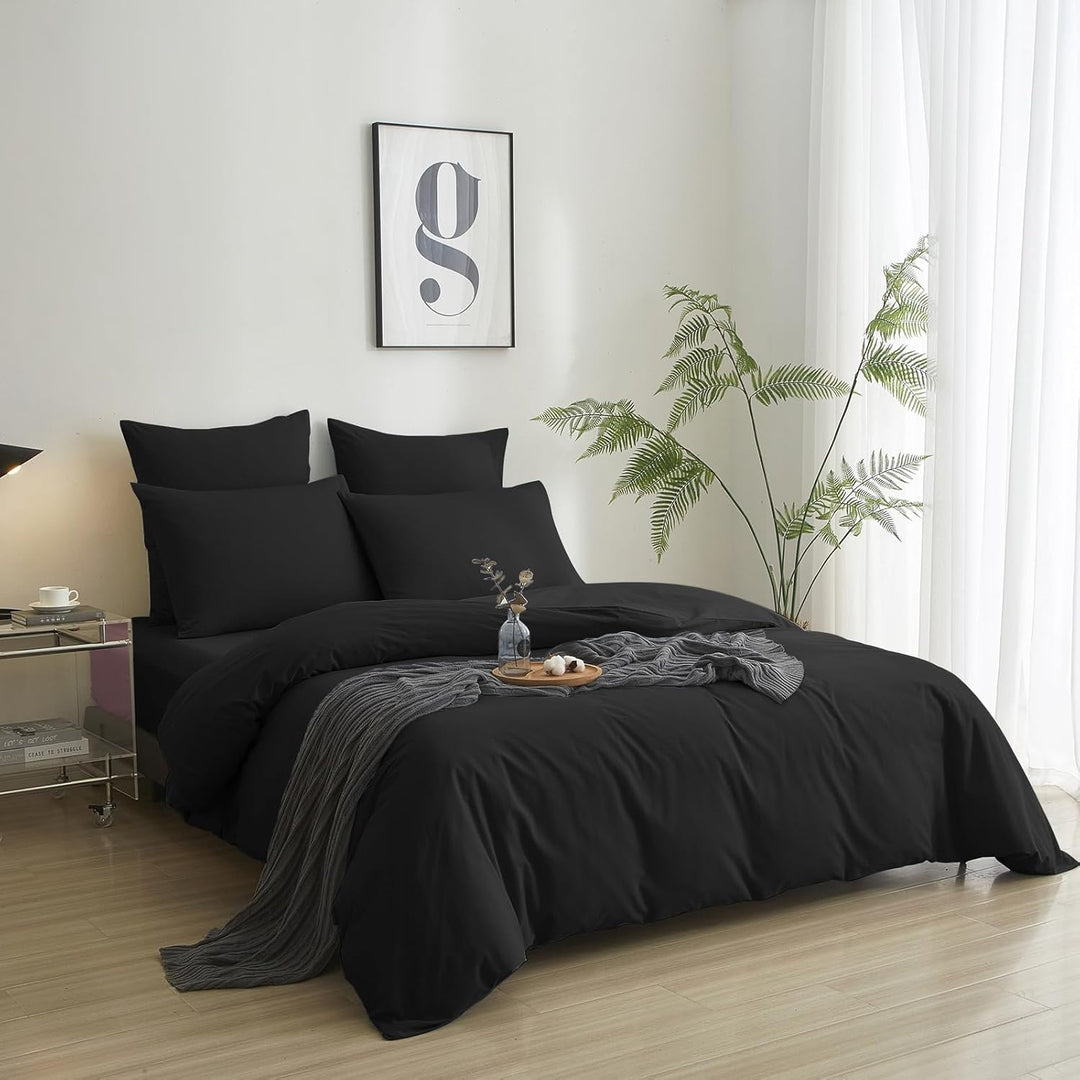 Luowei Bettwäsche 155x220 3teilig Schwarz Uni Einfarbig 110g/m² weich Mikrofaser 1 Bettbezug und 2er