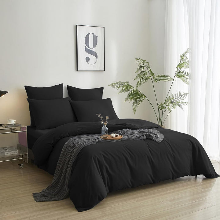 Luowei Bettwäsche 155x220 3teilig Schwarz Uni Einfarbig 110g/m² weich Mikrofaser 1 Bettbezug und 2er