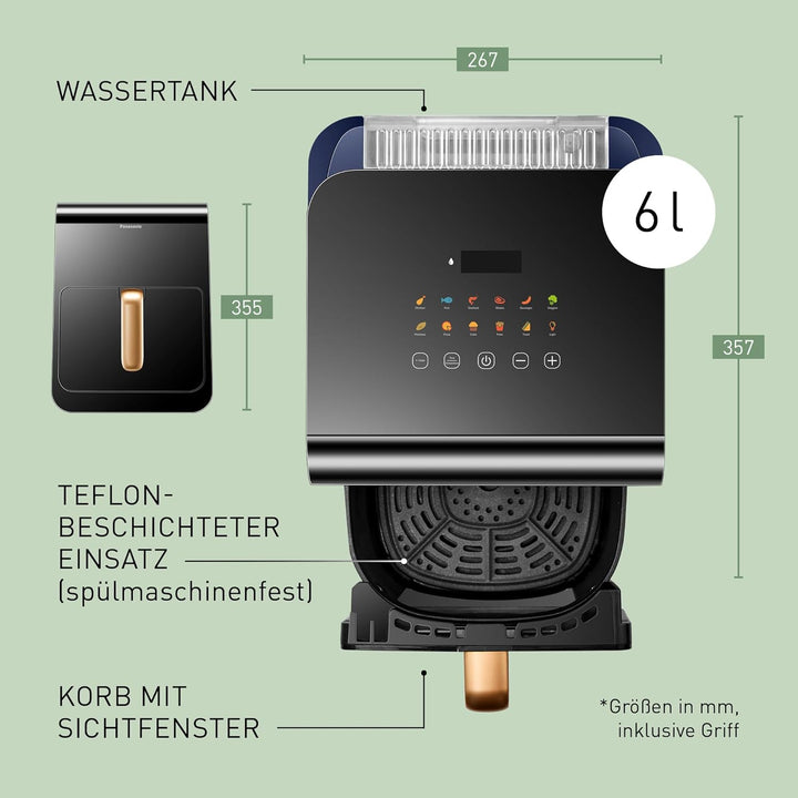Panasonic NF-CC600AXE Air Fryer mit Sichtfenster, 6 l, 80–200 °C, digitaler Timer & LCD-Display, san