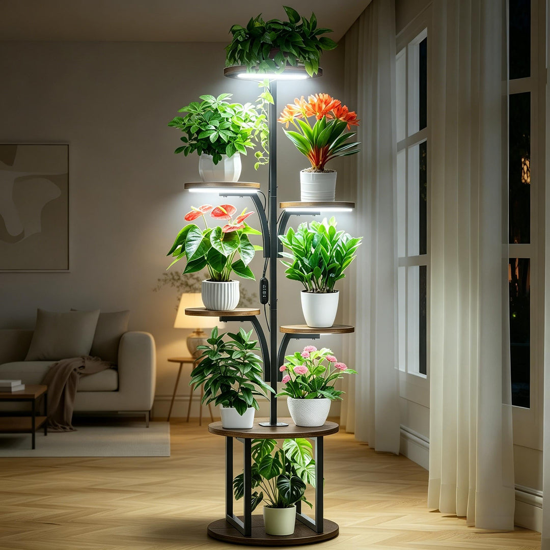 Pflanzenständer mit Wachstumslicht 7 Ebenen, Blumenständer Holz Metall für Innen & Balkon, Pflanzenr