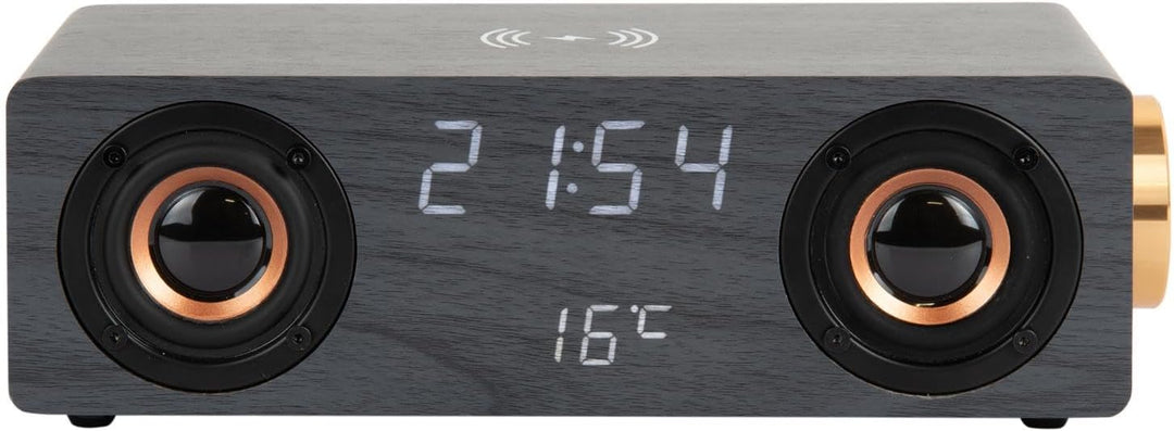 Karlsson Bluetooth Lautsprecher Funkwecker mit LED-Anzeige und kabellosem Laden (Schwarz)