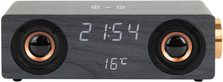 Karlsson Bluetooth Lautsprecher Funkwecker mit LED-Anzeige und kabellosem Laden (Schwarz)