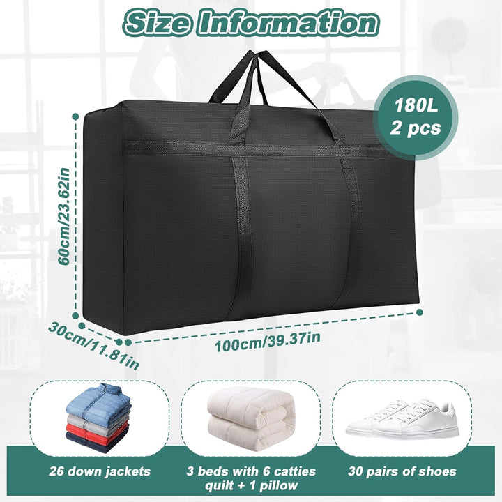 2Pcs 180L Grosse Aufbewahrungstasche mit Reissverschluss & Griff, Oxford Wasserdichte Umzugstaschen,
